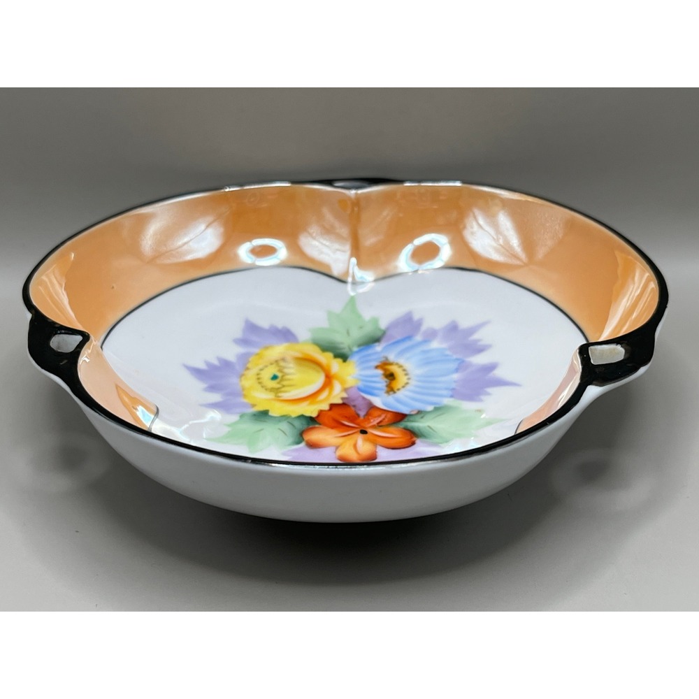 Noritake Porcelain Hand Painted Floral Lusterware Trefoil Candy Dish Bowl Vtg